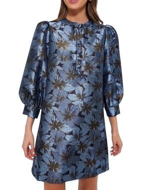 Pomander Place Blue & Gold Floral Jacquard Mini Dress w/Puff Sleeves Size Large
